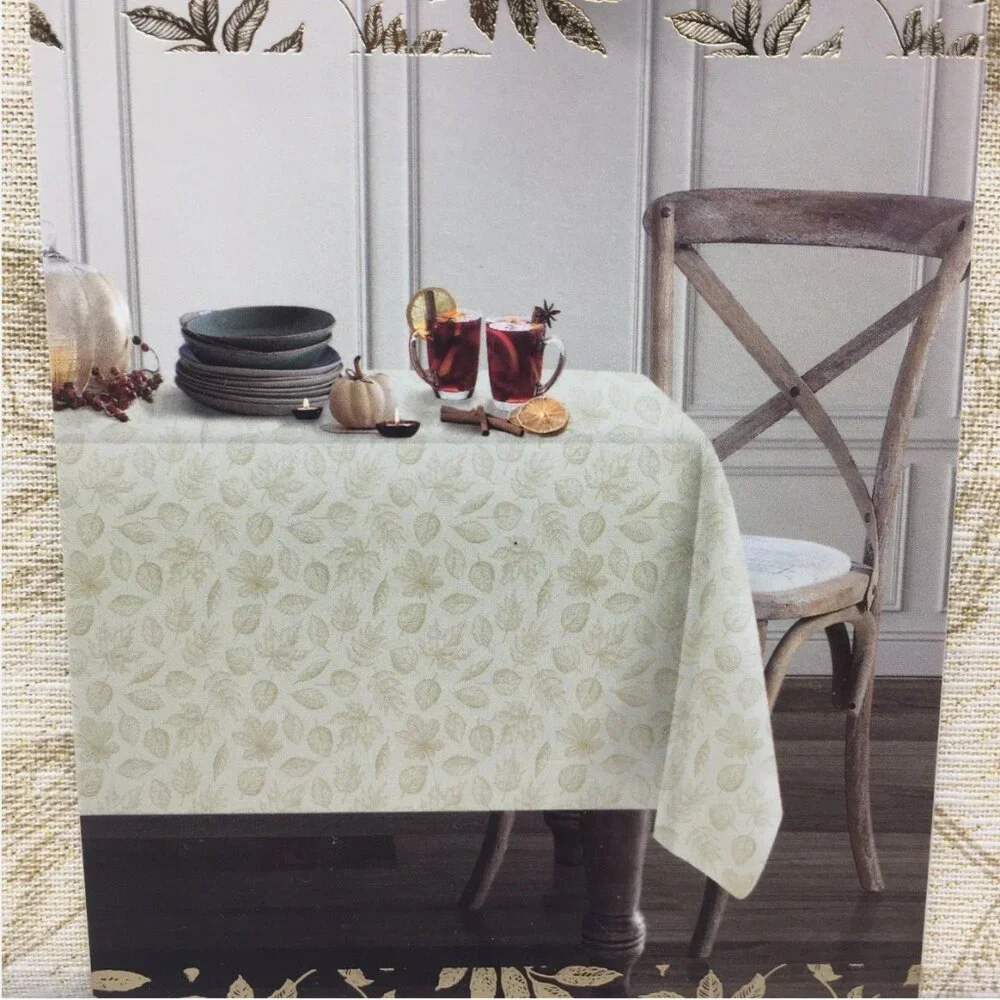 Envogue Harvest Fall Leaves Tablecloth 60x102 Gold Shimmer Tan Thanksgiving